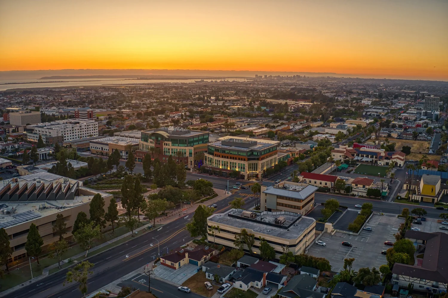 Aerial view of Chula Vista neighborhoods at sunset